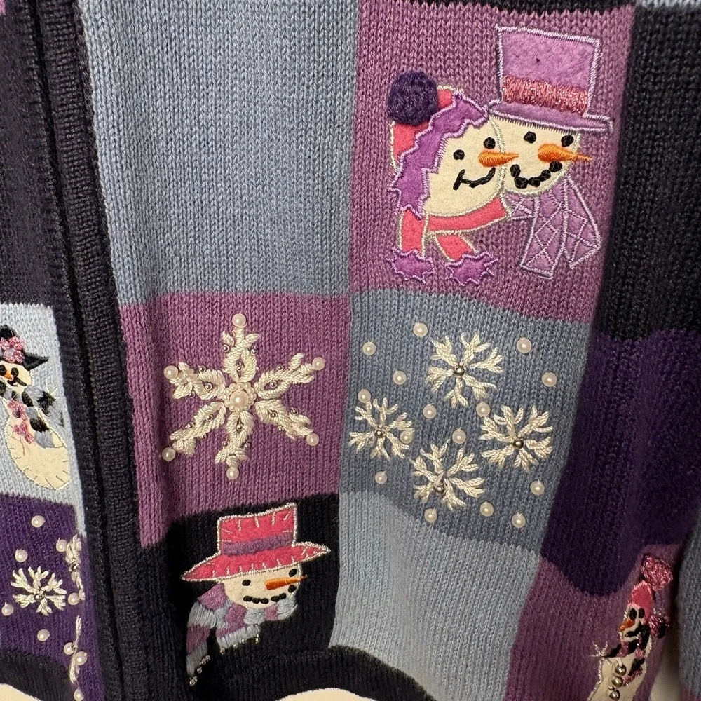 Vtg 90s BP Design Patchwork Snowman Zip Cardigan L Whimsigoth Grandmacore Kitsch